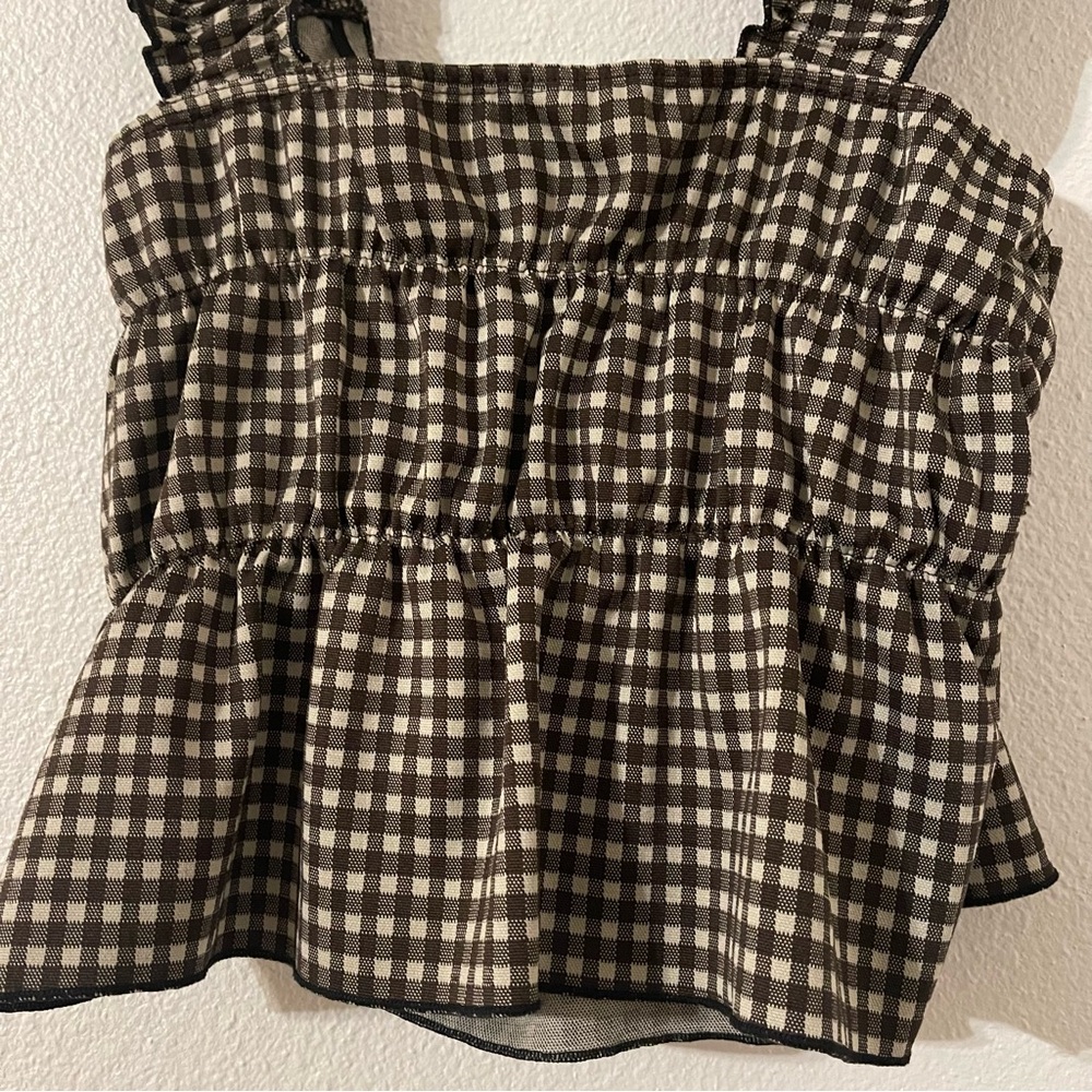 Cider Brown and White Womens Checkered Gingham Ruffle Blouse XL - Picture 6 of 9